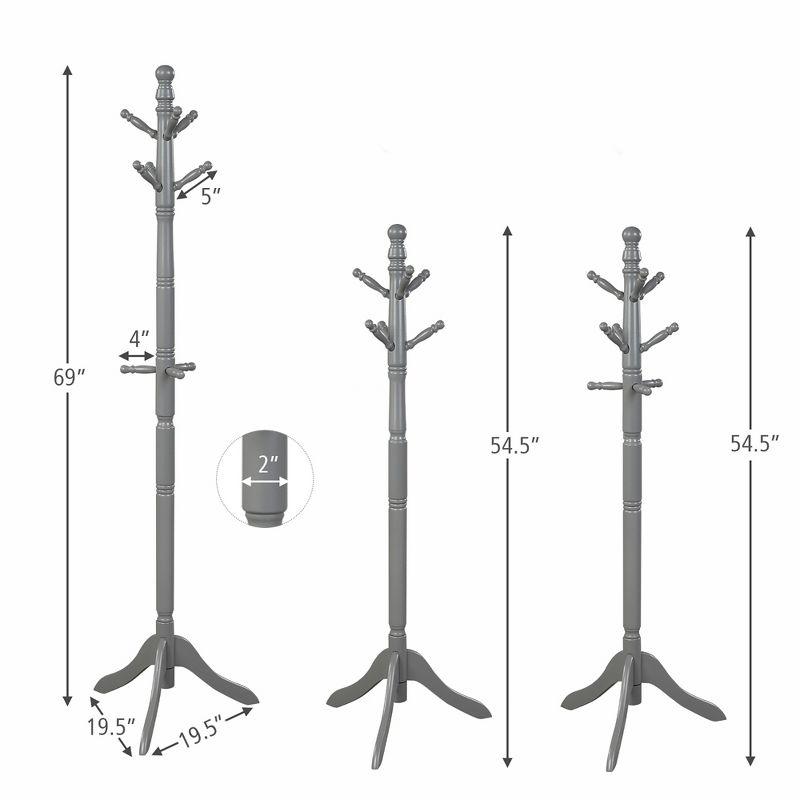 Tangkula Free Standing Coat Rack Solid Wood Hall Tree w/9 Hooks & 2 Adjustable Height Grey