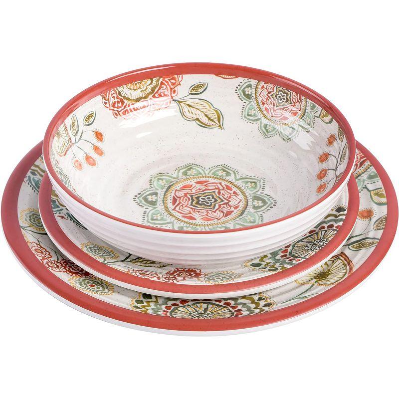 Laurie Gates Brick Floral Ripple 12 Piece Melamine Dinnerware Set in Red