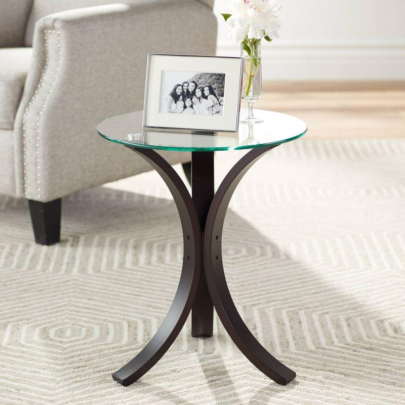 Studio 55D Niles Modern Wood Round Accent Table 17 3/4" Wide Dark Brown Clear Tempered Glass Tabletop for Living Room Bedroom Bedside Entryway Office