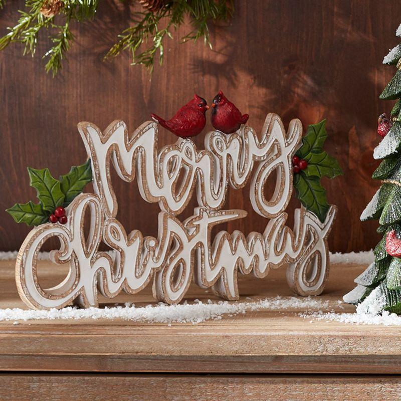 White and Gold Resin Merry Christmas Sign with Cardinals