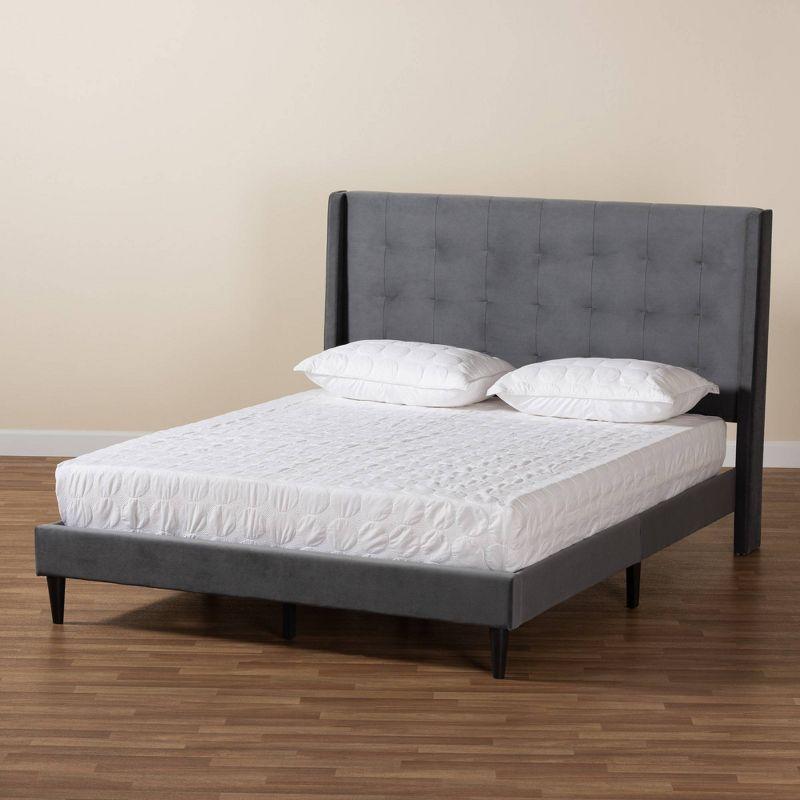 Gothard Modern Grey Velvet & Dark Brown Wood Queen Platform Bed