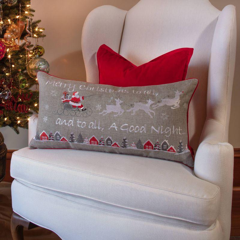 Indoor Christmas 'Merry Christmas To All' Rectangular Throw Pillow: Santa Sleigh, Embroidered - Pillow Perfect