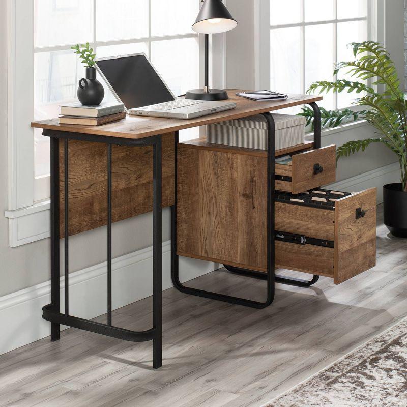 Etched Oak and Black Wood Desk with Drawer and Filing Cabinet