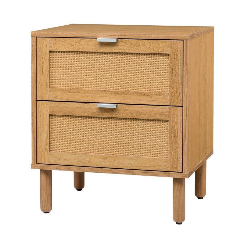 Sango Sango Orre 2-Drawer Solid Wood Nightstand, With Rattan, Cylicndrical Wooden Legs