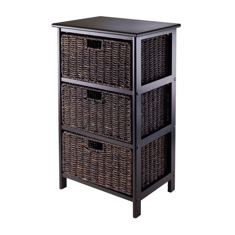 Black Wood Storage Rack with 3 Wicker Baskets