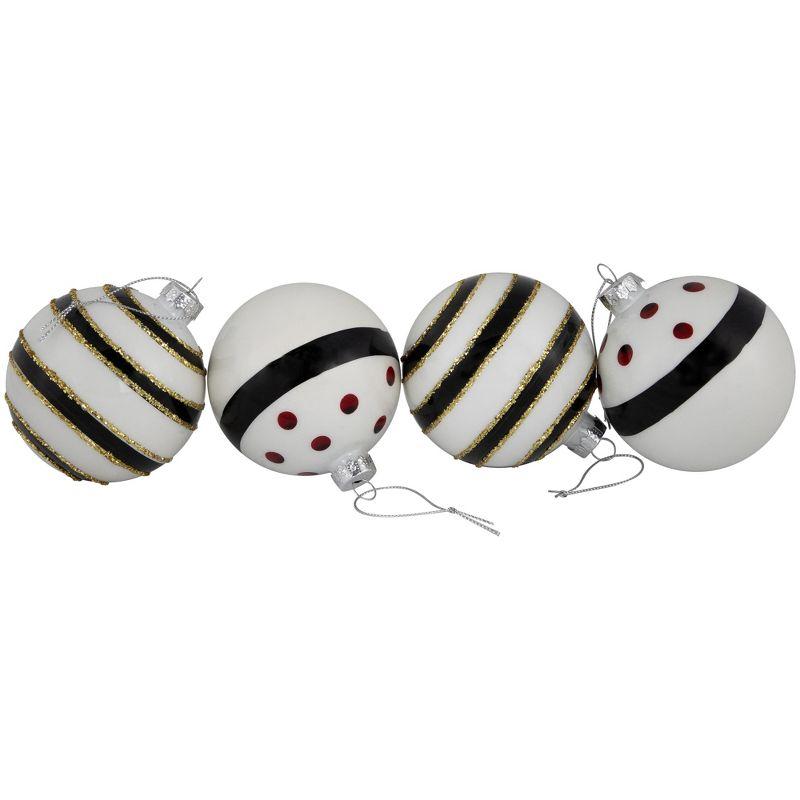 Northlight Shiny Finish Striped Christmas Glass Ball Ornaments - 3" (80mm) - White and Black  - Set of 4