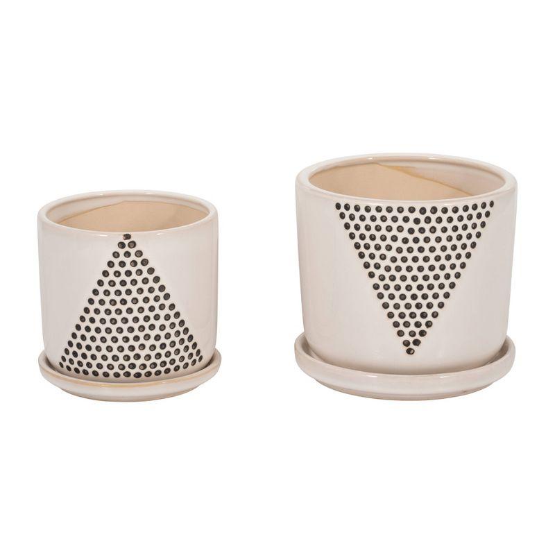 Elegant 6" White Ceramic Planter Pots with Black Dot Pattern and Saucers