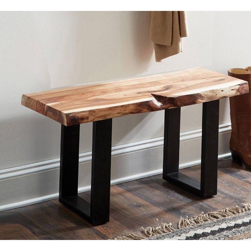 Alpine Natural Acacia Wood Live Edge Bench with Metal Legs