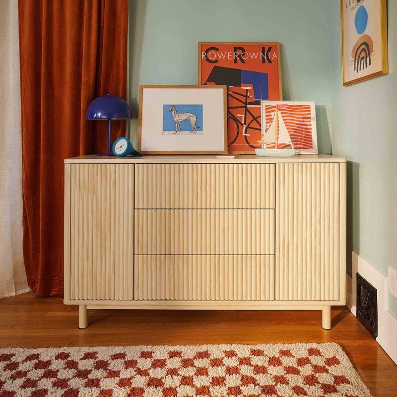 Blonde Wood Large Tambour Panel Dresser with Casters