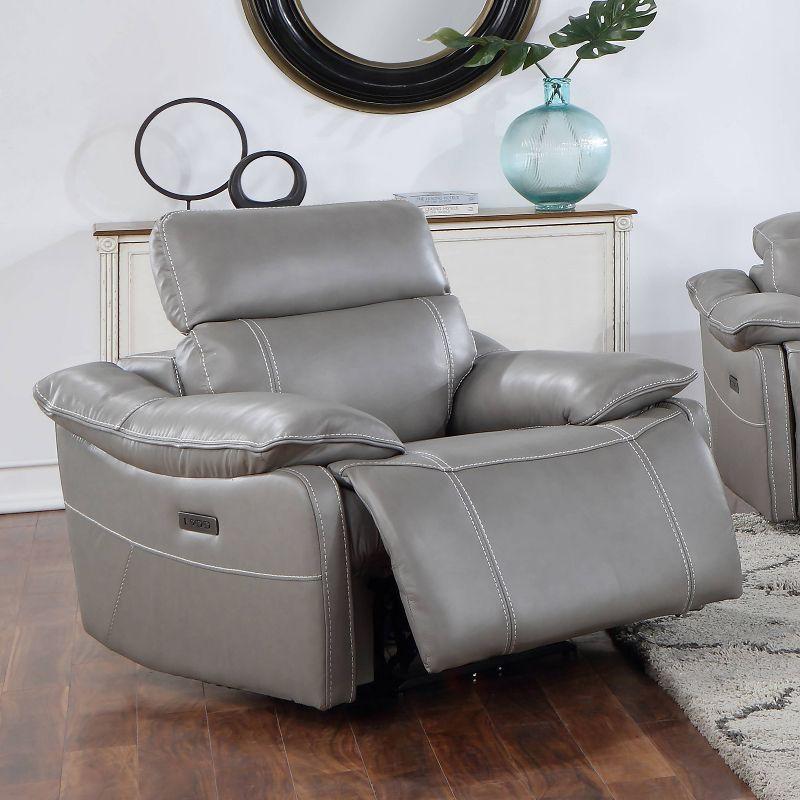 Gray Leather Power Recliner with Wood Accents