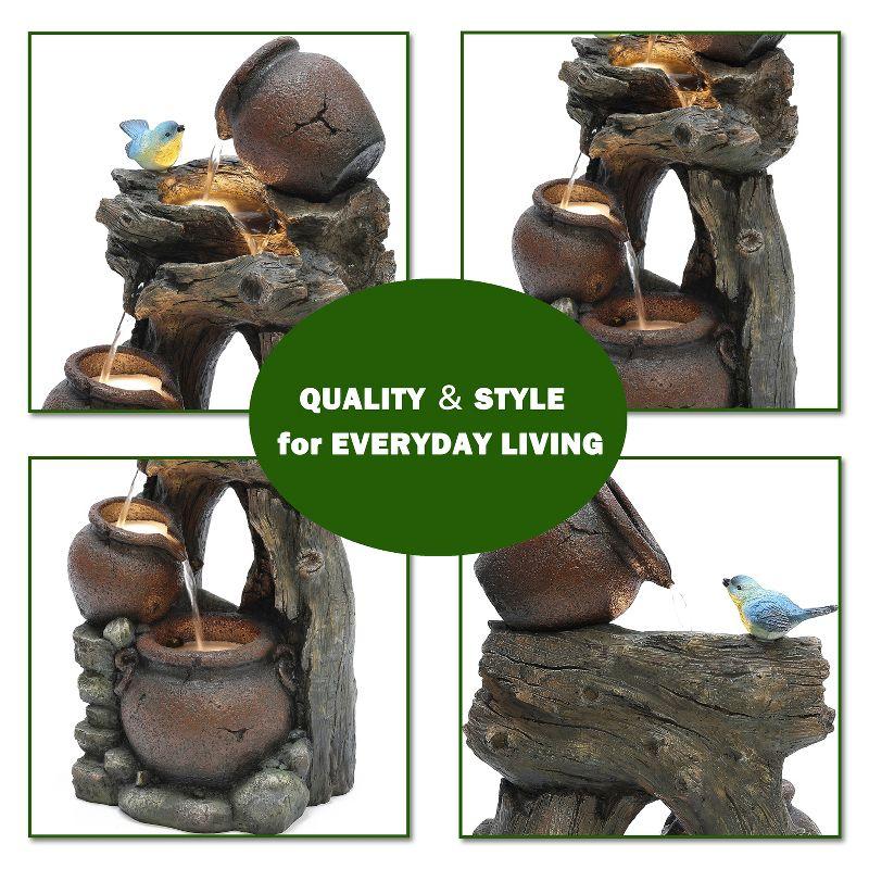 LuxenHome Rustic Pots and Pitchers on Tree Resin Outdoor Fountain with Lights Brown