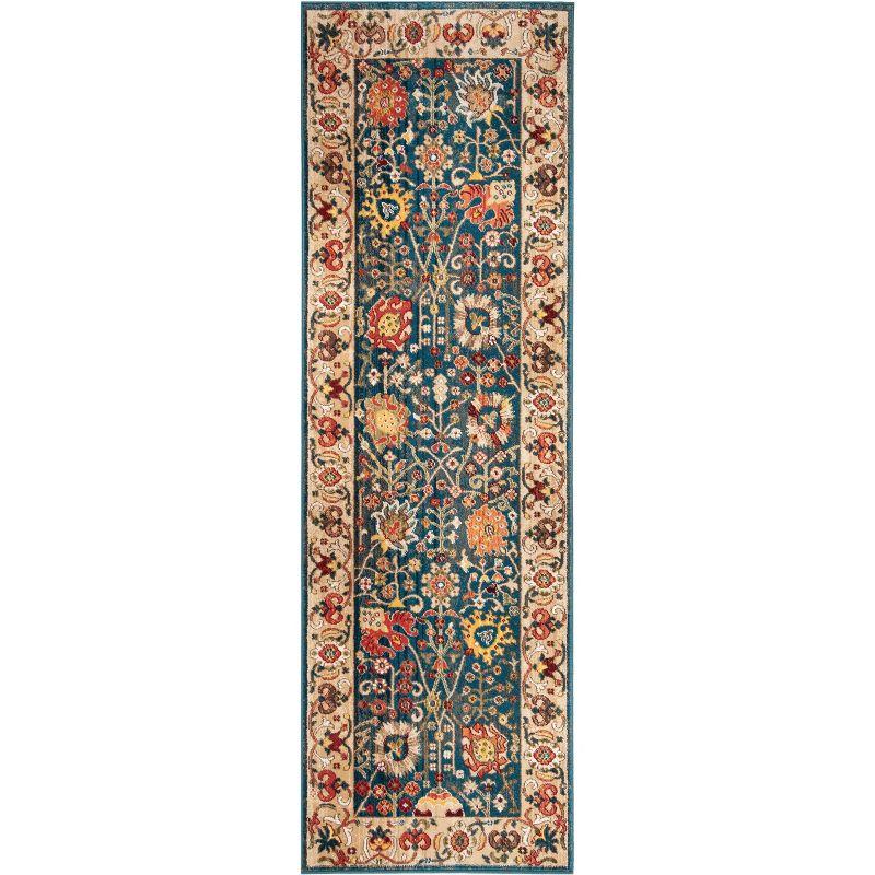 Blue and Tan Floral Synthetic Runner Rug, 2'6" x 8'