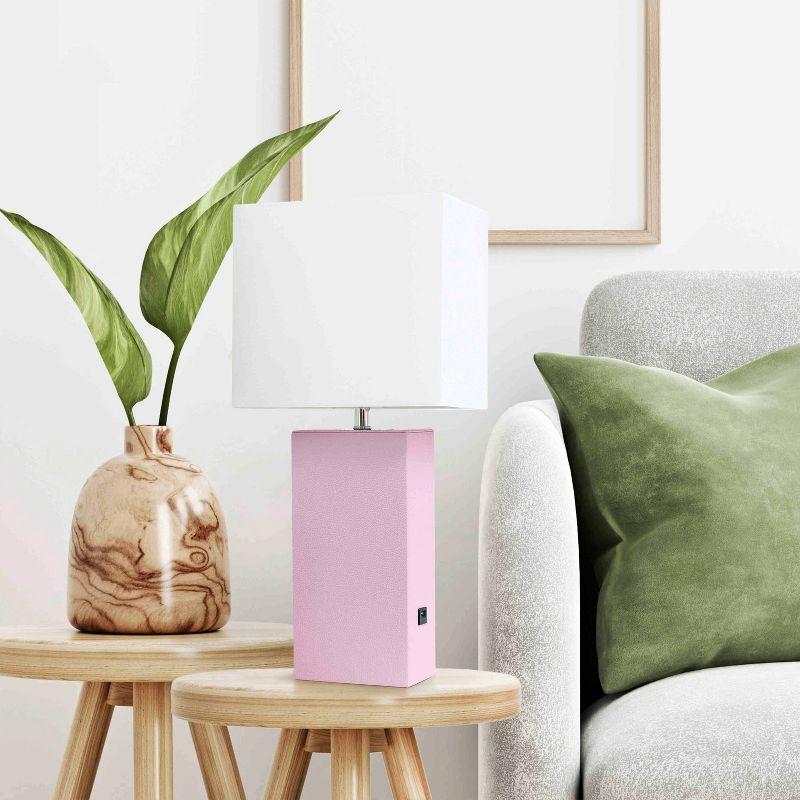21" Lexington Leather Base Modern Home Decor Bedside Table Lamp with USB Charging Port and Fabric Shade Blush/White - Lalia Home: No Assembly