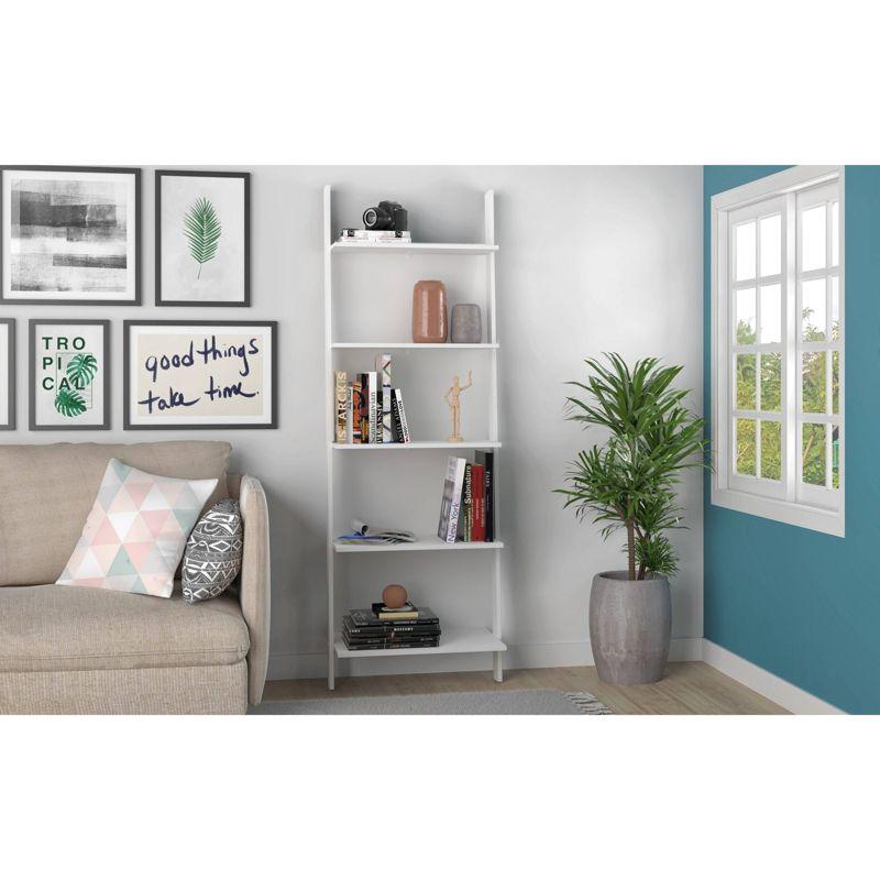 Modern White Wood 5-Shelf Floating Ladder Bookcase