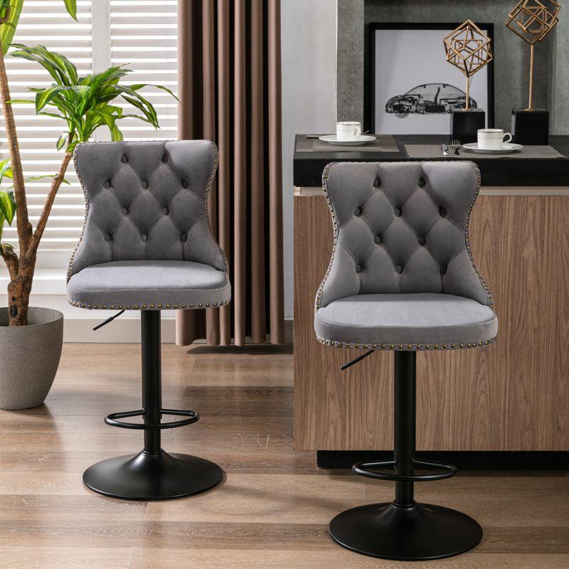 VYNXARIA Swivel Velvet Barstools Adjusatble Seat Height from 25-33 Inch,17.7 inch base, Modern Upholstered Bar Stools,Gray,Set of 2