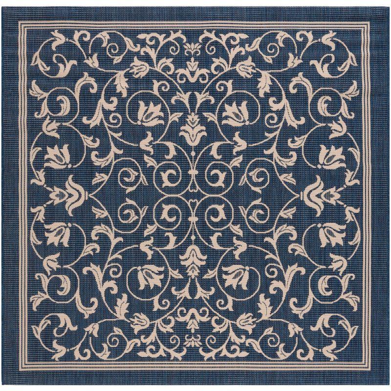 Navy and Beige Synthetic Square Easy-Care Outdoor Rug, 6'7" x 6'7"