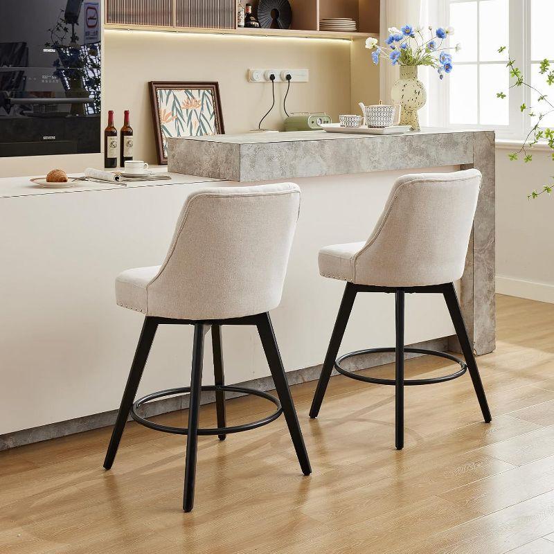 Counter Bar Stools Set of 2, Modern Swivel Bar Stools with Back and Wood Legs, 26" H Upholstered Bar Chair for Kitchen Island Home Bar, Linen Beige