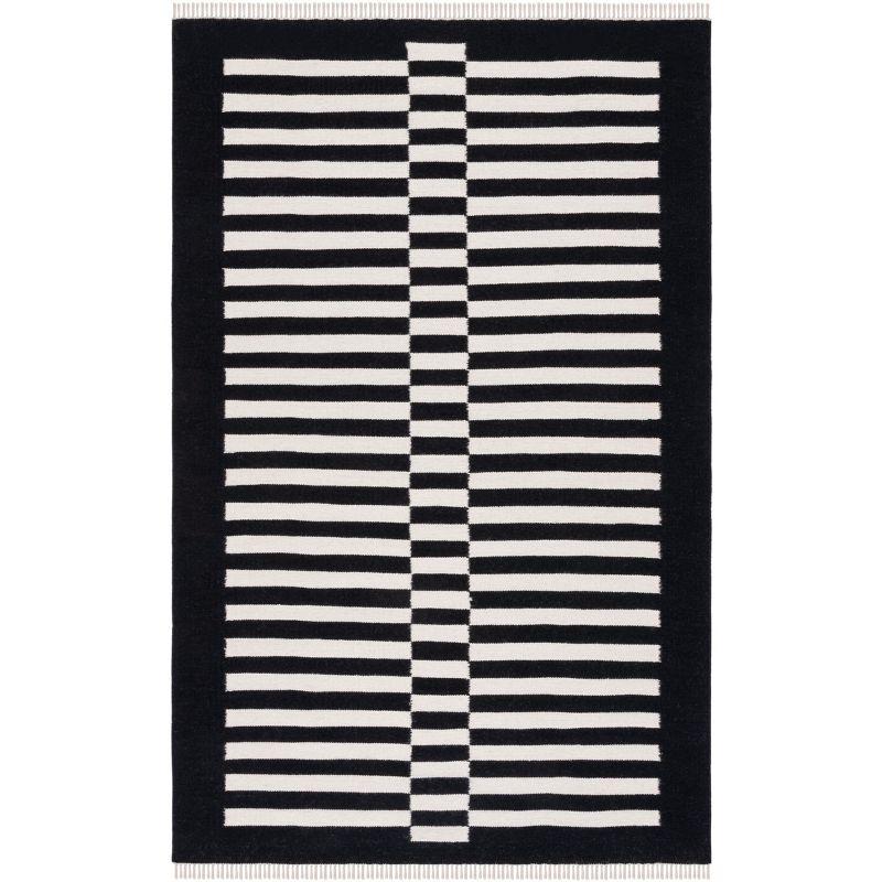 Handmade Black and White Wool Striped Rectangular Rug