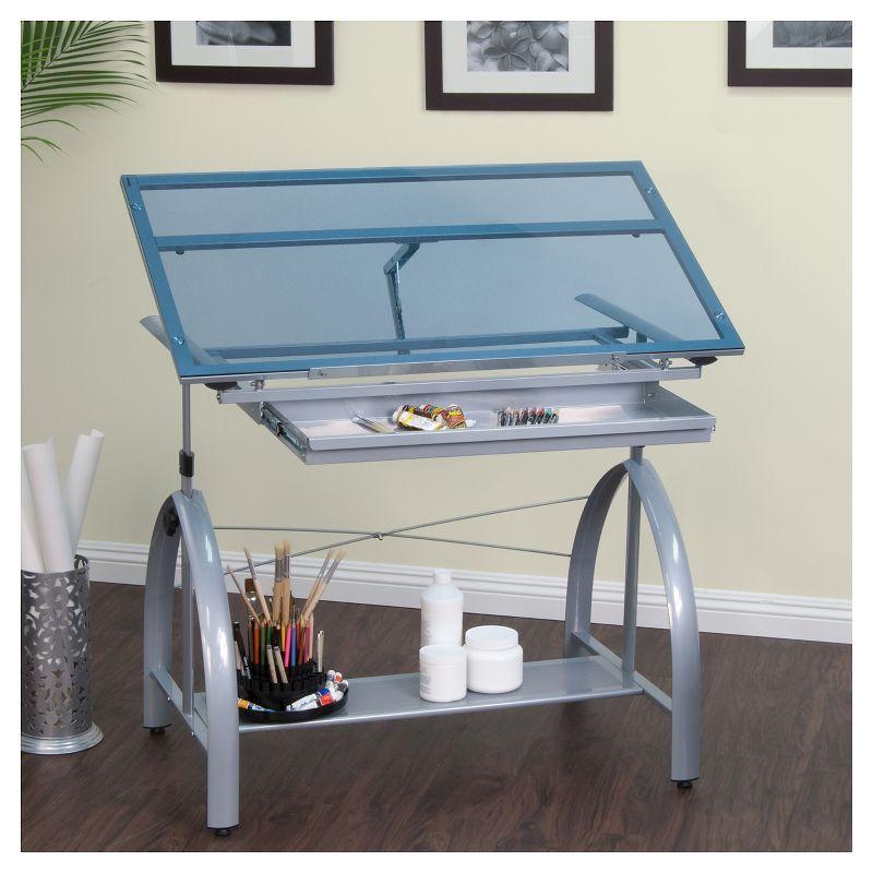 Avanta 42'' Silver Steel Drafting Table with Blue Glass Top