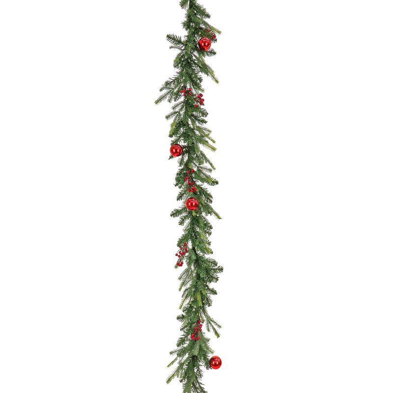 National Tree Company First Traditions Pre-Lit Christmas Garland with Red Ornaments and Berries, Warm White LED Lights, Battery Operated, 6 ft