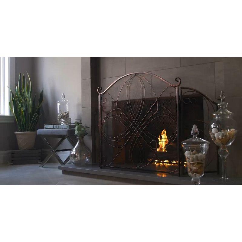 Black Wrought Iron 3-Panel Mesh Fireplace Screen with Decorative Scrolls