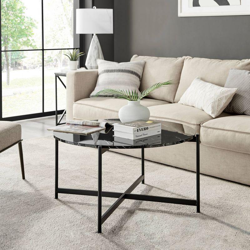 Elegant 36" Round Black Marble & Metal Coffee Table