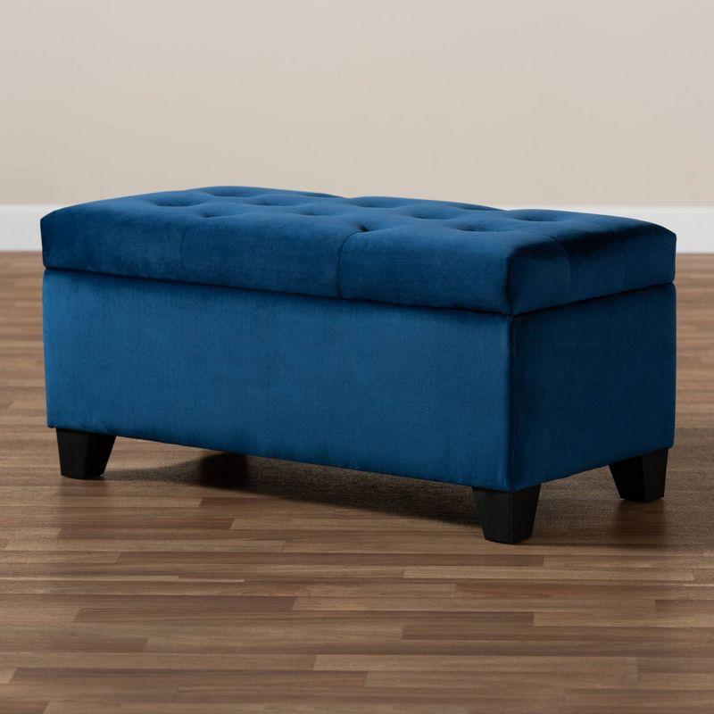 Navy Blue Velvet Tufted Storage Ottoman with Black Wooden Legs