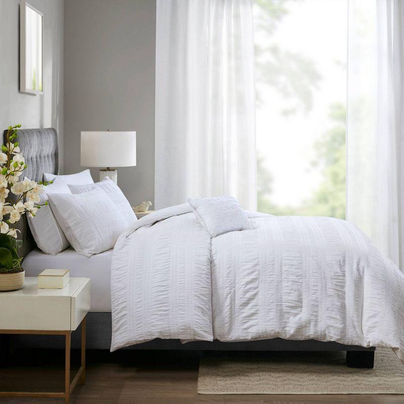 Nicolette White Standard Cotton 200 TC Seersucker 4-Piece Duvet Cover Set