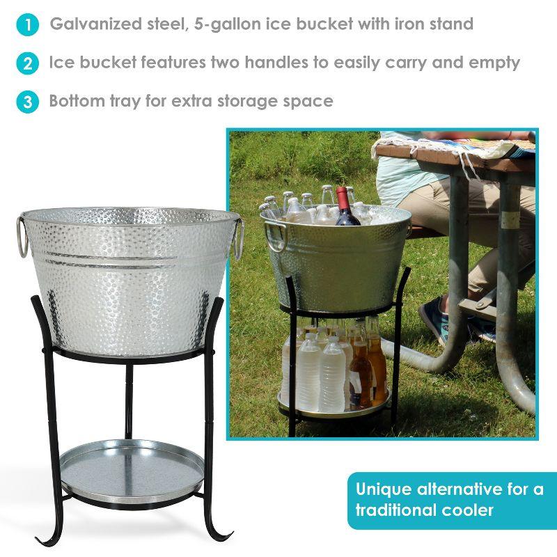 Sunnydaze Pebbled Texture Galvanized Steel Ice Bucket Beverage Holder and Cooler with Stand and Tray