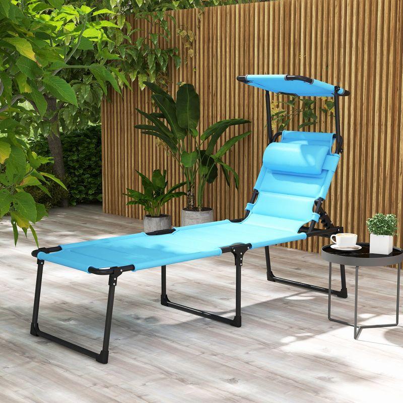 Outsunny Outdoor Lounge Chair, 4 Position Adjustable Backrest Folding Lounge, Cushioned Tanning Chair w/ Sun Shade Roof & Pillow Headrest, Light Blue