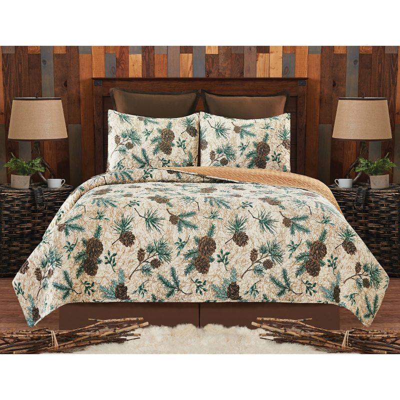 Cozy Cabin Pinecone Reversible Twin Quilt Set in Brown Cotton