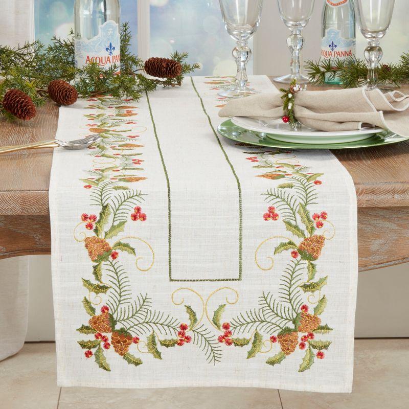 Saro Lifestyle Embroidered Pinecone and Holly Runner