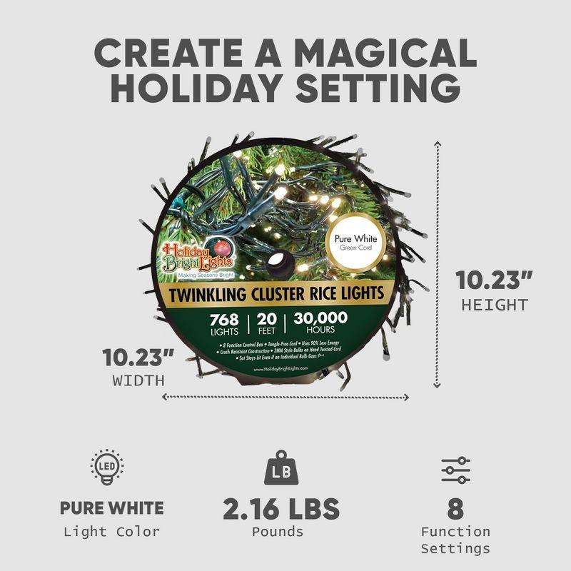 Holiday Bright Lights Twinkling Cluster LED Rice Light Reel, 20 Foot Long 768 Lights for Indoor/Outdoor Christmas Decoration, Pure White