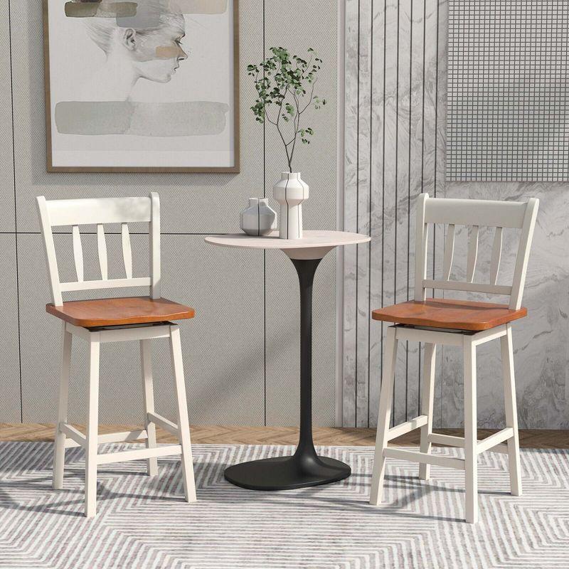 White and Wood Swivel Bar Stools with Metal Frame, Set of 2