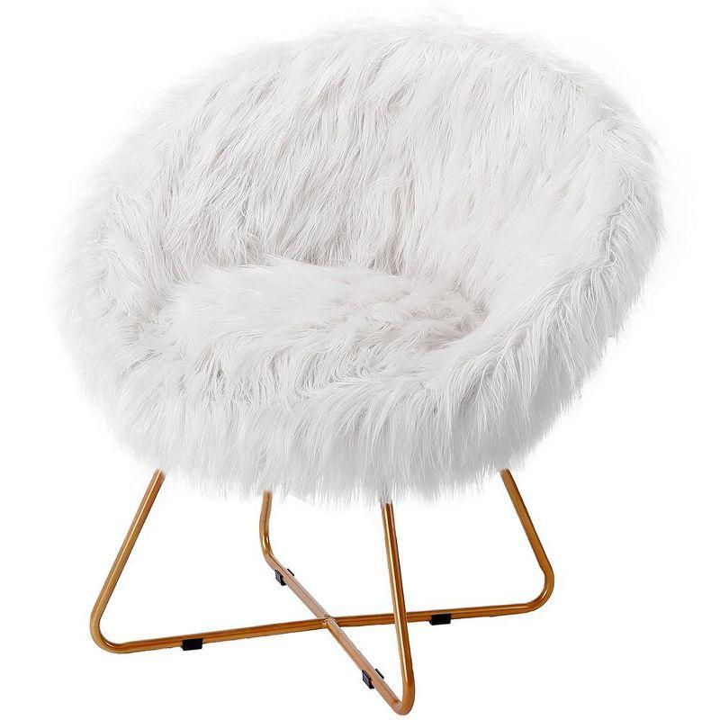 White Faux Fur Papasan Chair with Pale Gold Legs