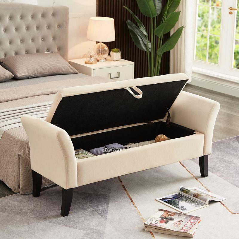 51.5'' Beige Velvet Upholstered Storage Ottoman Bench with Arms