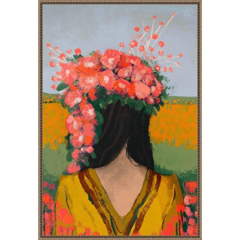 Woman with Floral Wreath Abstract Canvas Print in Bronze Frame