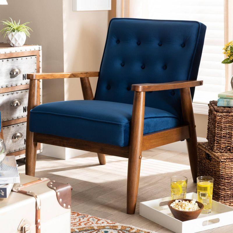 Navy Blue Velvet and Walnut Wooden Accent Chair