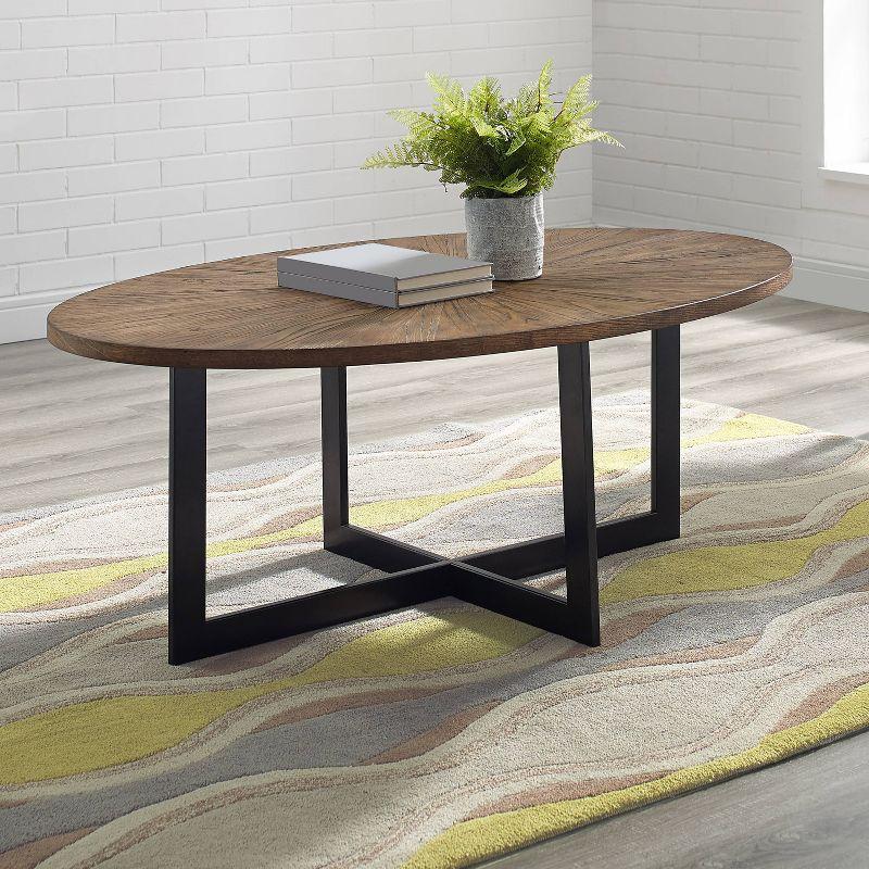 Industrial Oval Coffee Table with Sunburst Ash Veneer and Iron Base