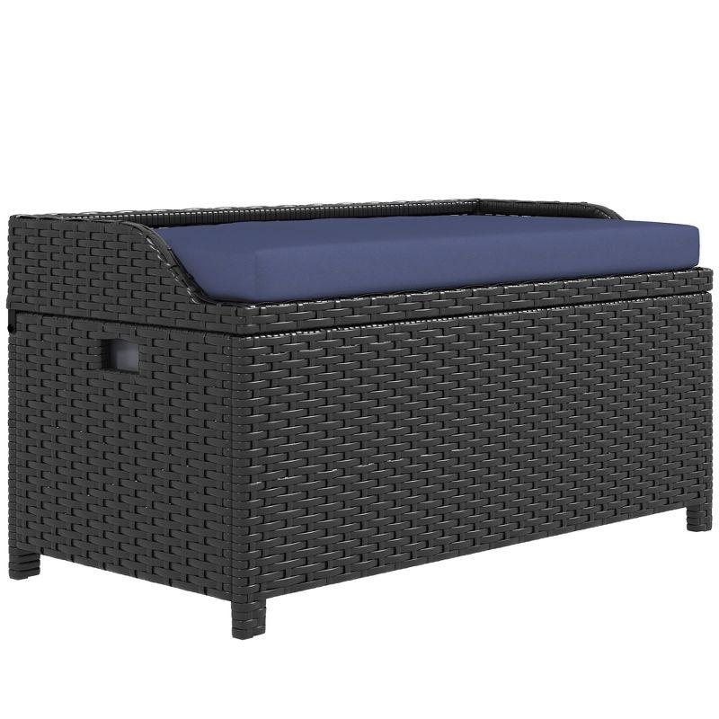 Outsunny Storage Bench Rattan Wicker Garden Deck Box Bin with Interior Waterproof Bag and Comfy Cushion, Navy Blue