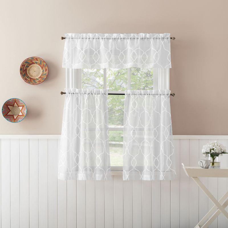 No. 918 Semi-Sheer Allerton Embroidered Trellis Curtain Valance and Tiers Set White