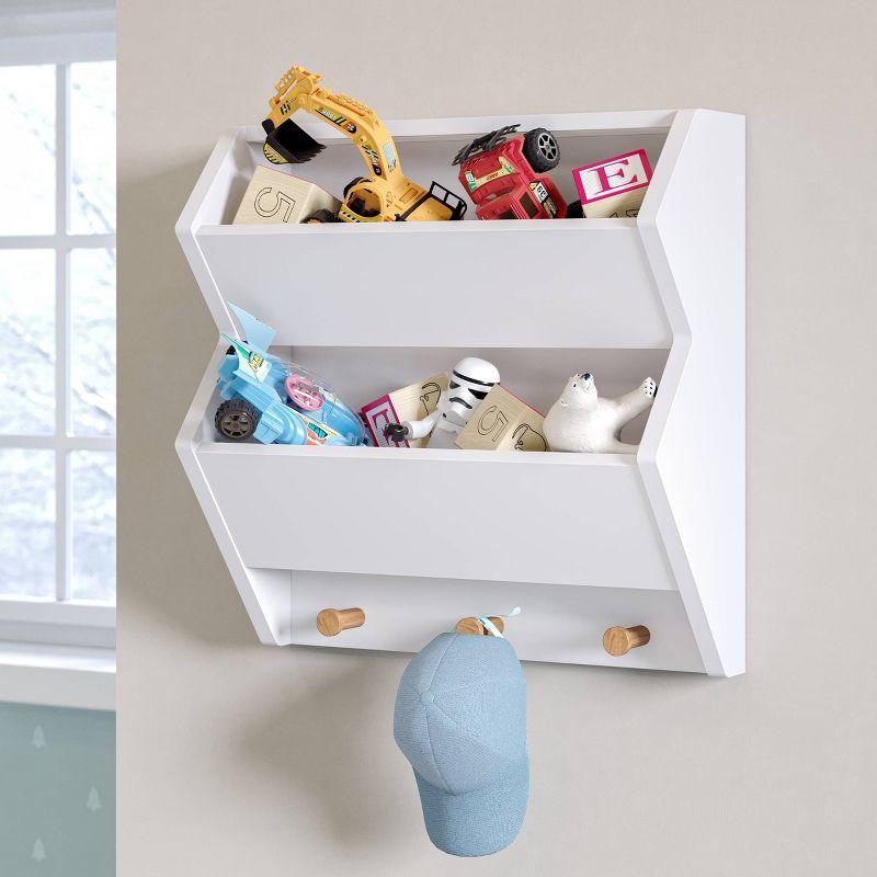 RiverRidge Kids' CatchAll Wall Bookshelf with 2 Toy Storage Cubbies and 3 Wooden Hooks White