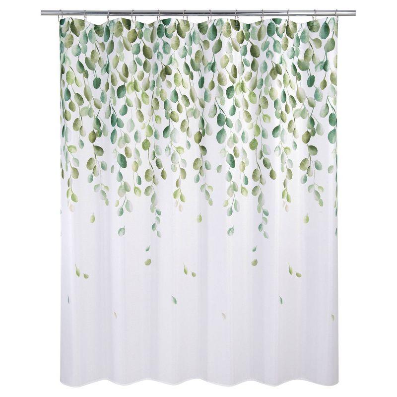 Green and White Botanical Polyester Shower Curtain