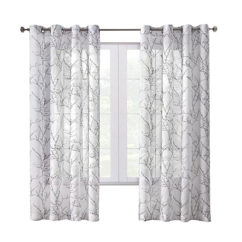 White Polyester Light Filtering Grommet Curtain Panel with Branch Motif