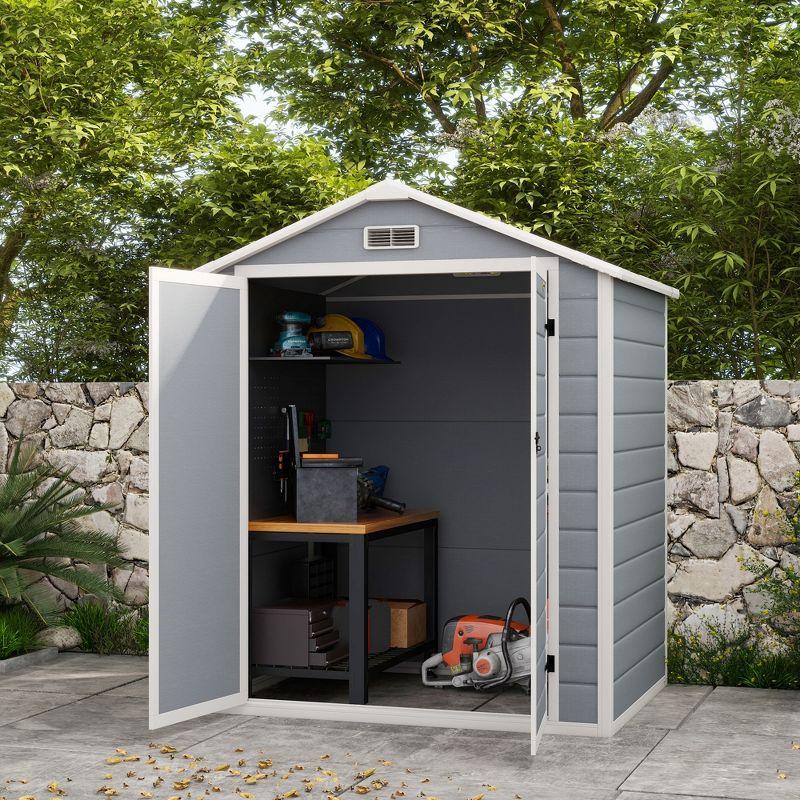 Outsunny Outdoor Storage Shed, 72" x 52.75" Garden Shed with Double Lockable Doors, Vent and Window, Plastic Utility Tool Shed, Gray