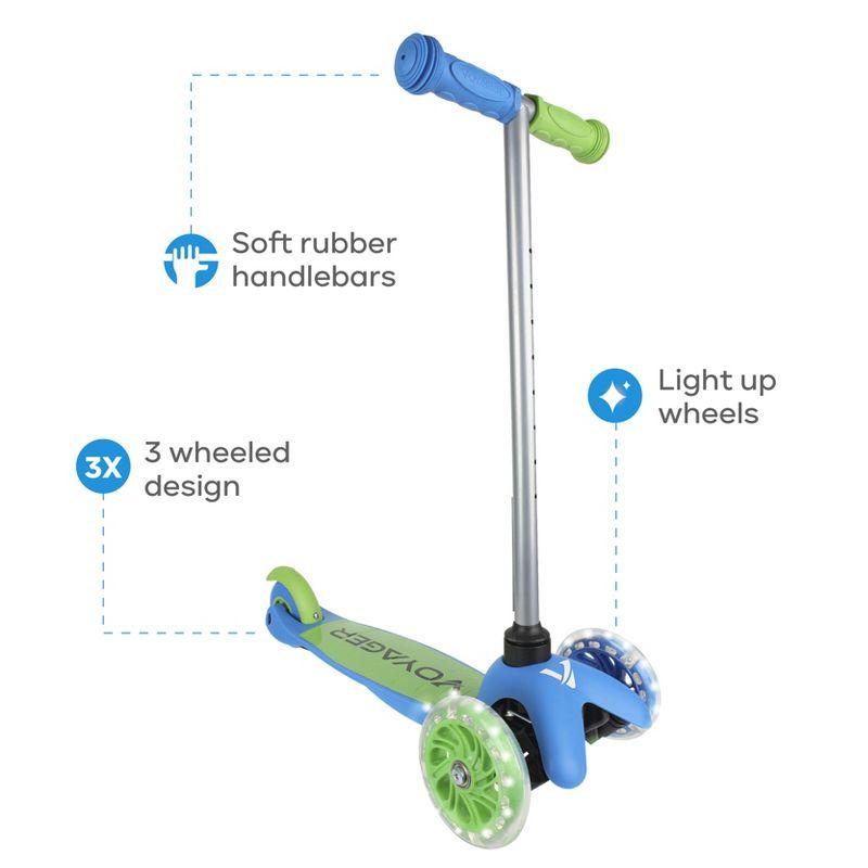 Voyager 3 Wheel Kick Scooter with Light Up Wheels and Tbar - Green