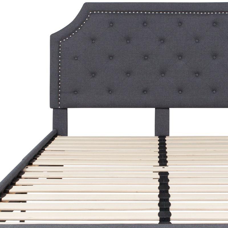 Provence Dark Gray Queen Platform Bed with Tufted Headboard and Gold Nail Trim