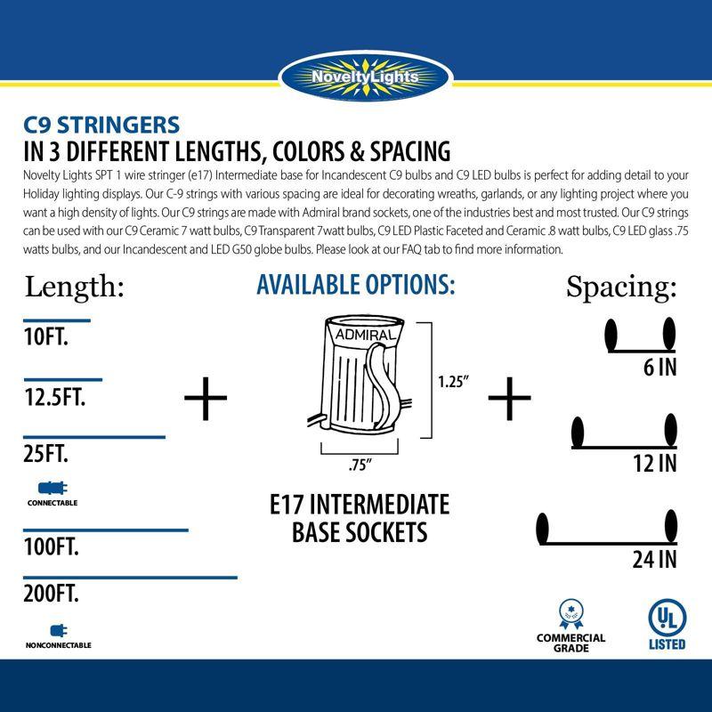 Novelty Lights 25 Feet C9/E17 Intermediate Base Christmas Stringer, Vintage Holiday Hanging Light String, 12" Spacing, SPT-1 20 Gauge Brown Wire
