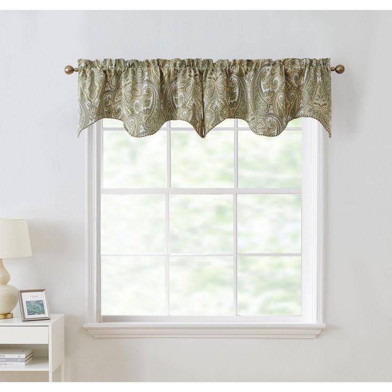 HLC.ME Paris Paisley Rod Pocket Short Scalloped Curtain Valance Basement, Bathroom, Kitchen and Small Windows - Grey/Yellow, 50 W x 20 L