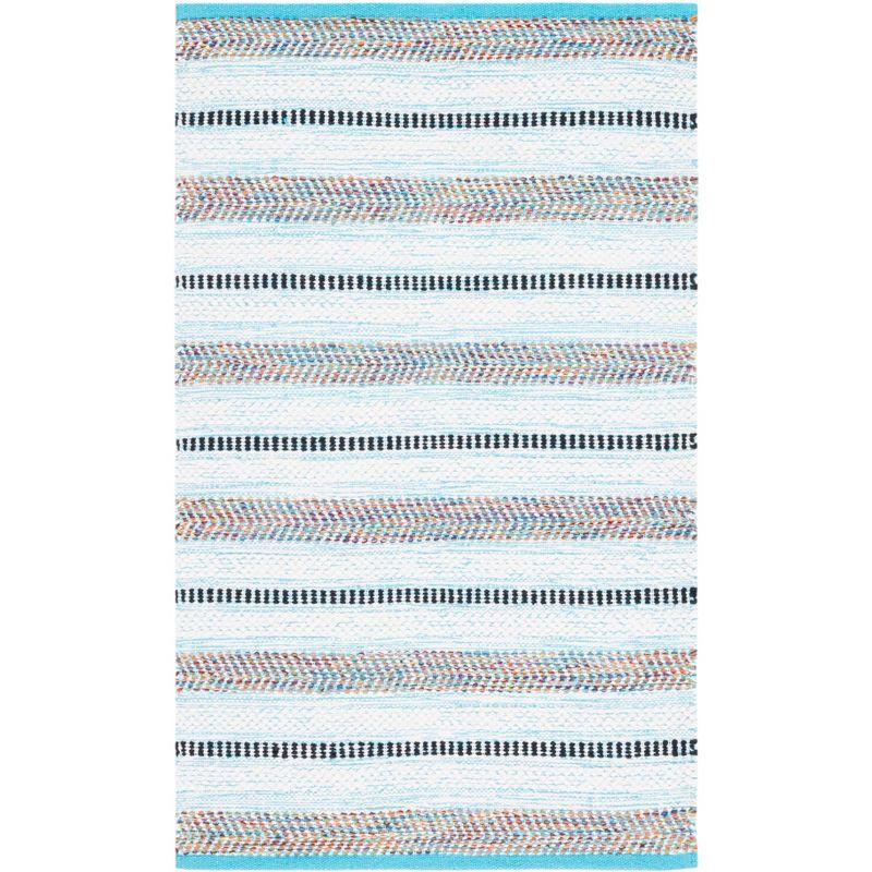 Ivory and Turquoise Handwoven Cotton Area Rug, 2' x 3'